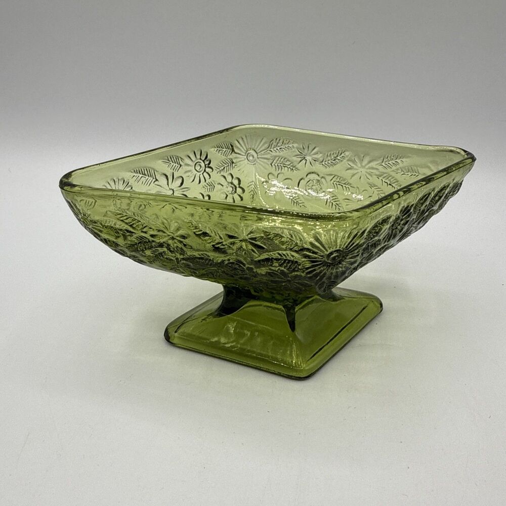 Vintage Indiana Glass Green Daisy Diamond Pedestal Candy Dish 1960s Mid Century